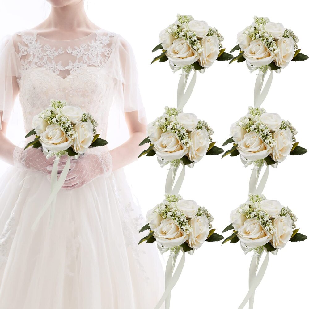 1693 6.5 Inch Bridesmaid Bouquet Set of 6, Ivory Wedding Bouquets